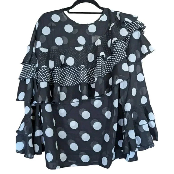 Est. 1946 Polka Dot Blouse Sz 14/16 Black Long Sheer Flouncy Sleeve Ruffled NEW - Picture 1 of 9